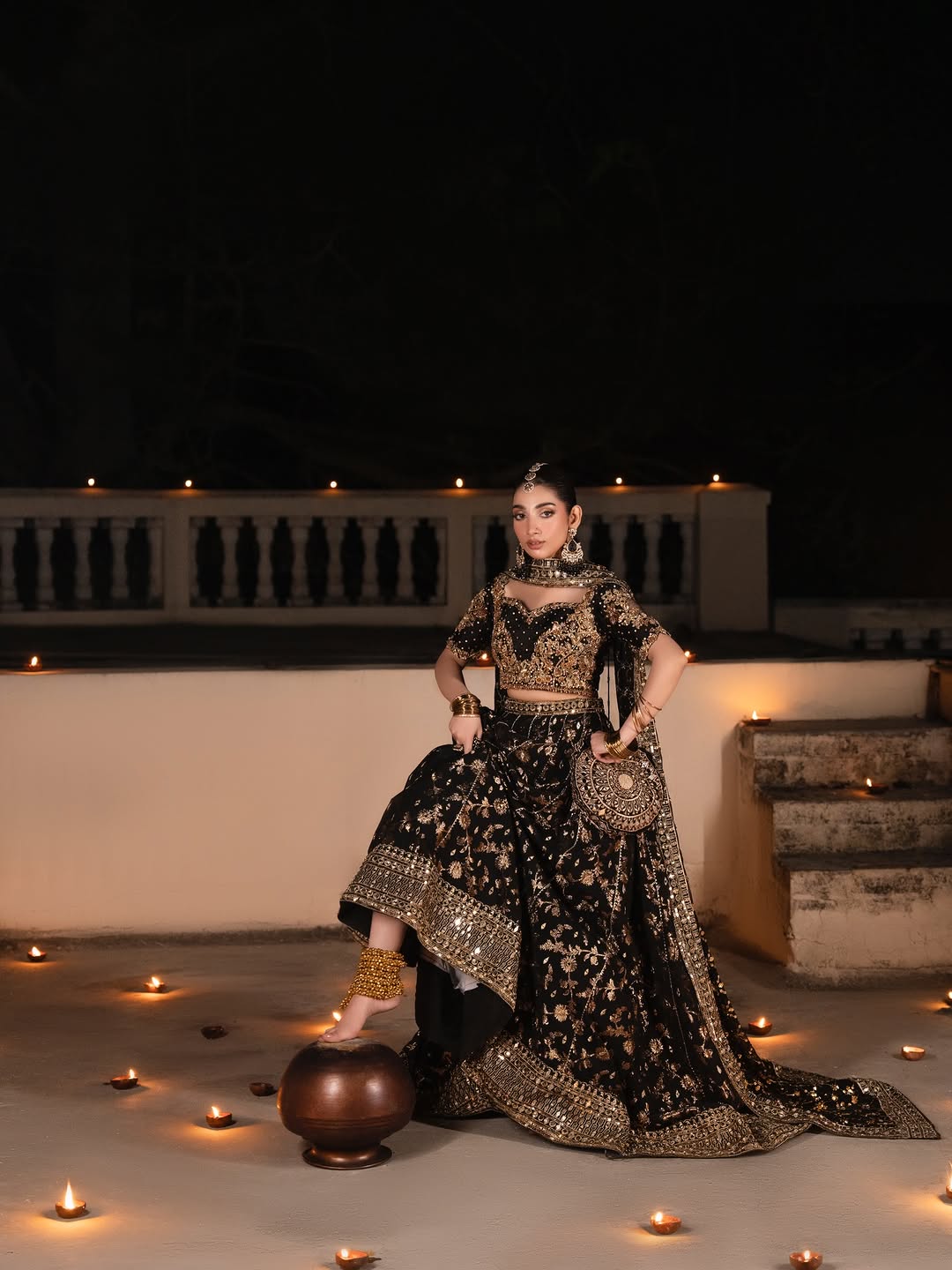 Midnight Nocturne – Hand-Embellished Black & Gold Raw Silk Lehenga Set