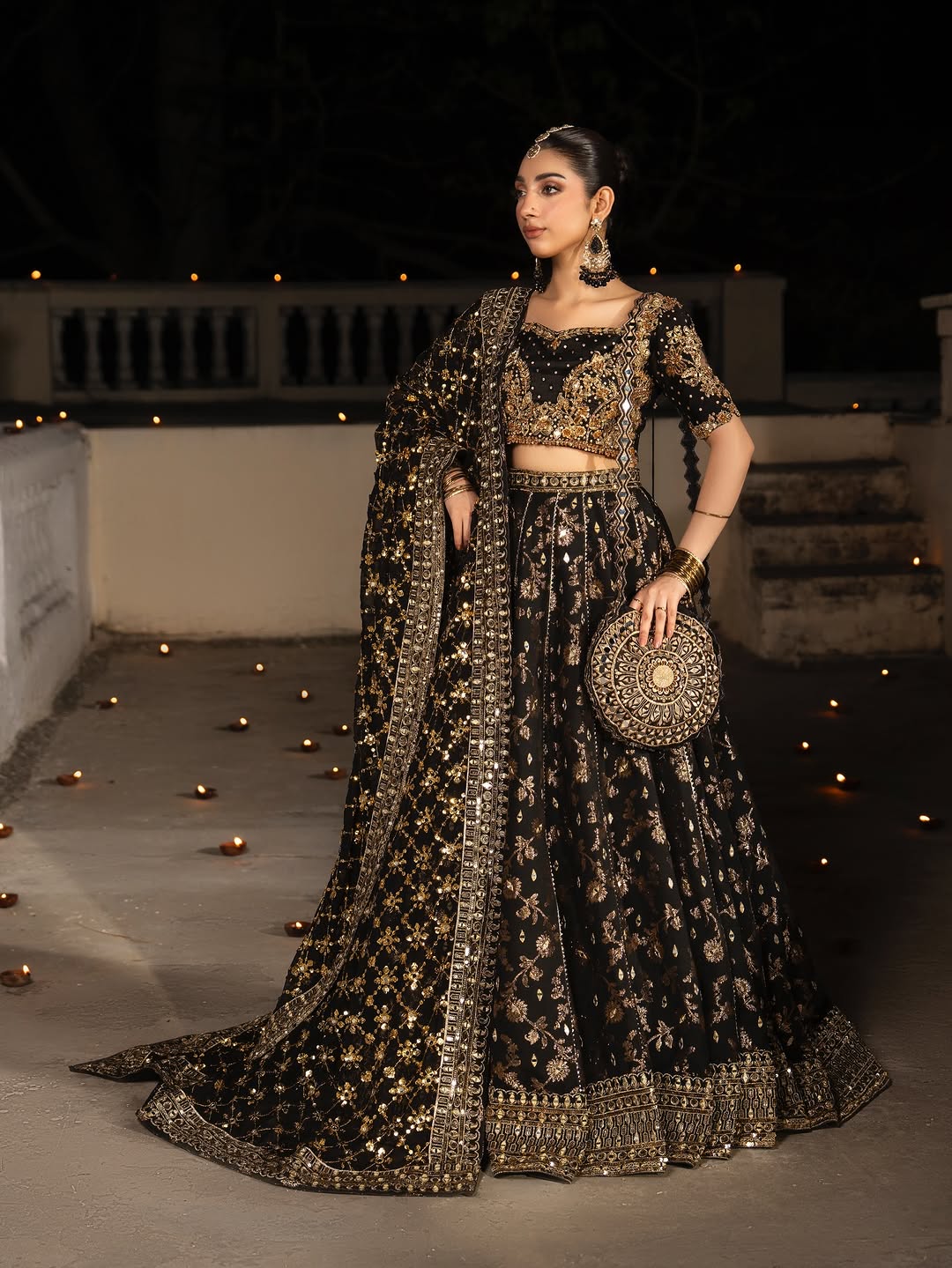 Midnight Nocturne – Hand-Embellished Black & Gold Raw Silk Lehenga Set
