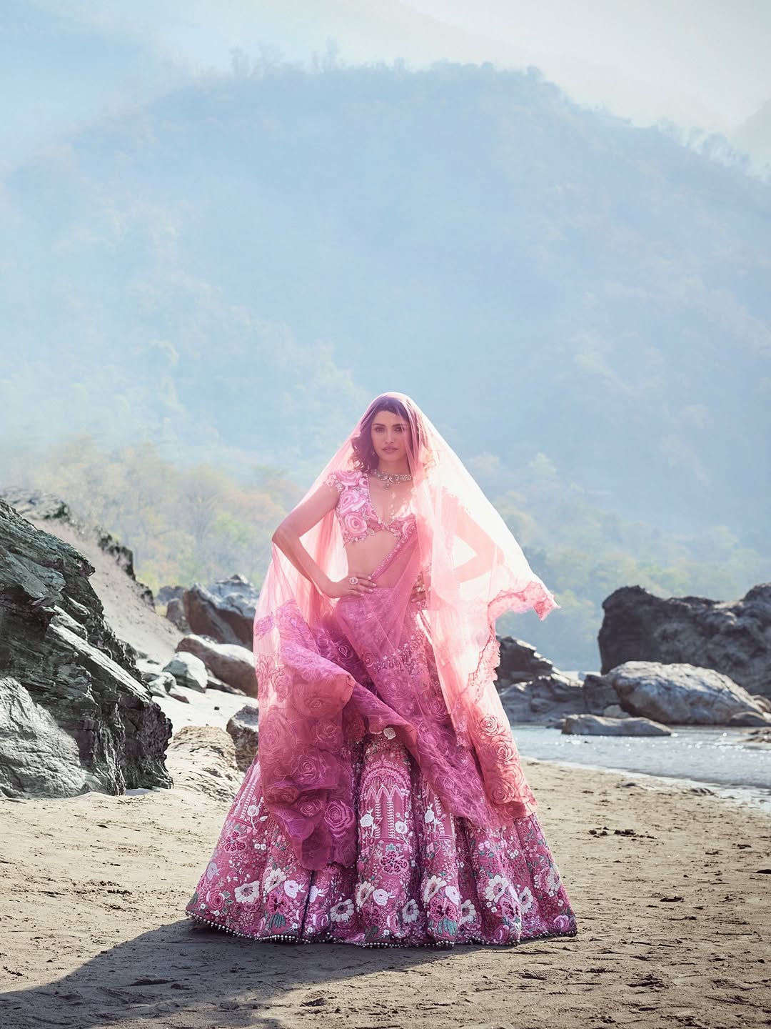 Mauve-Pink Floral Bridal Lehenga