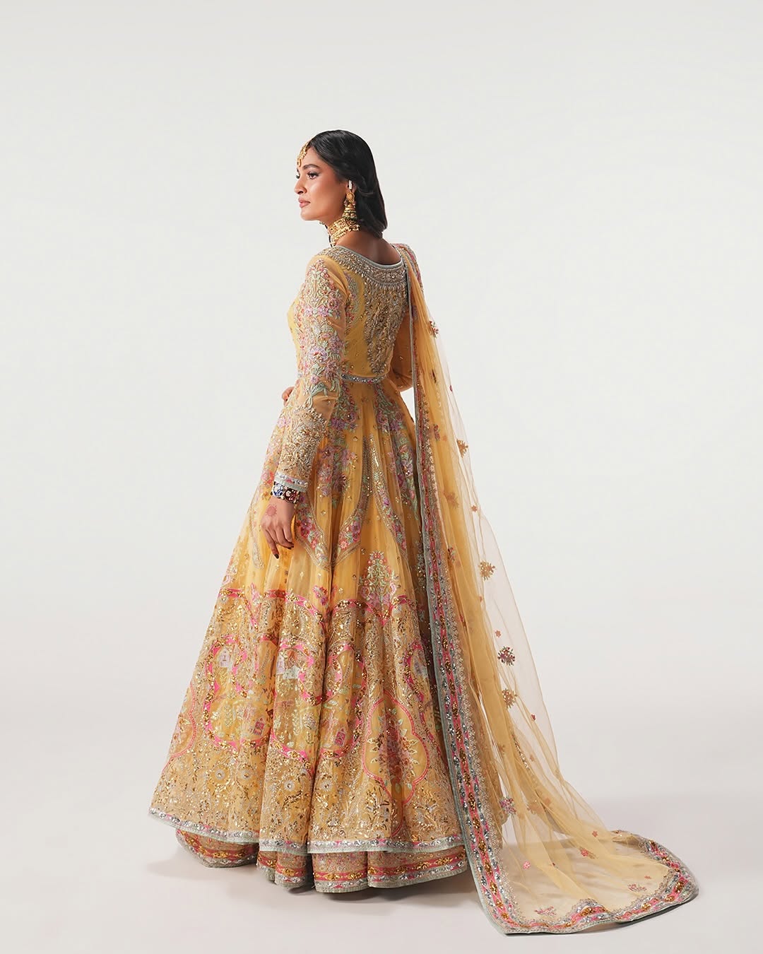 Hand-Embellished Yellow Net Bridal Pishwas & Lehenga Set
