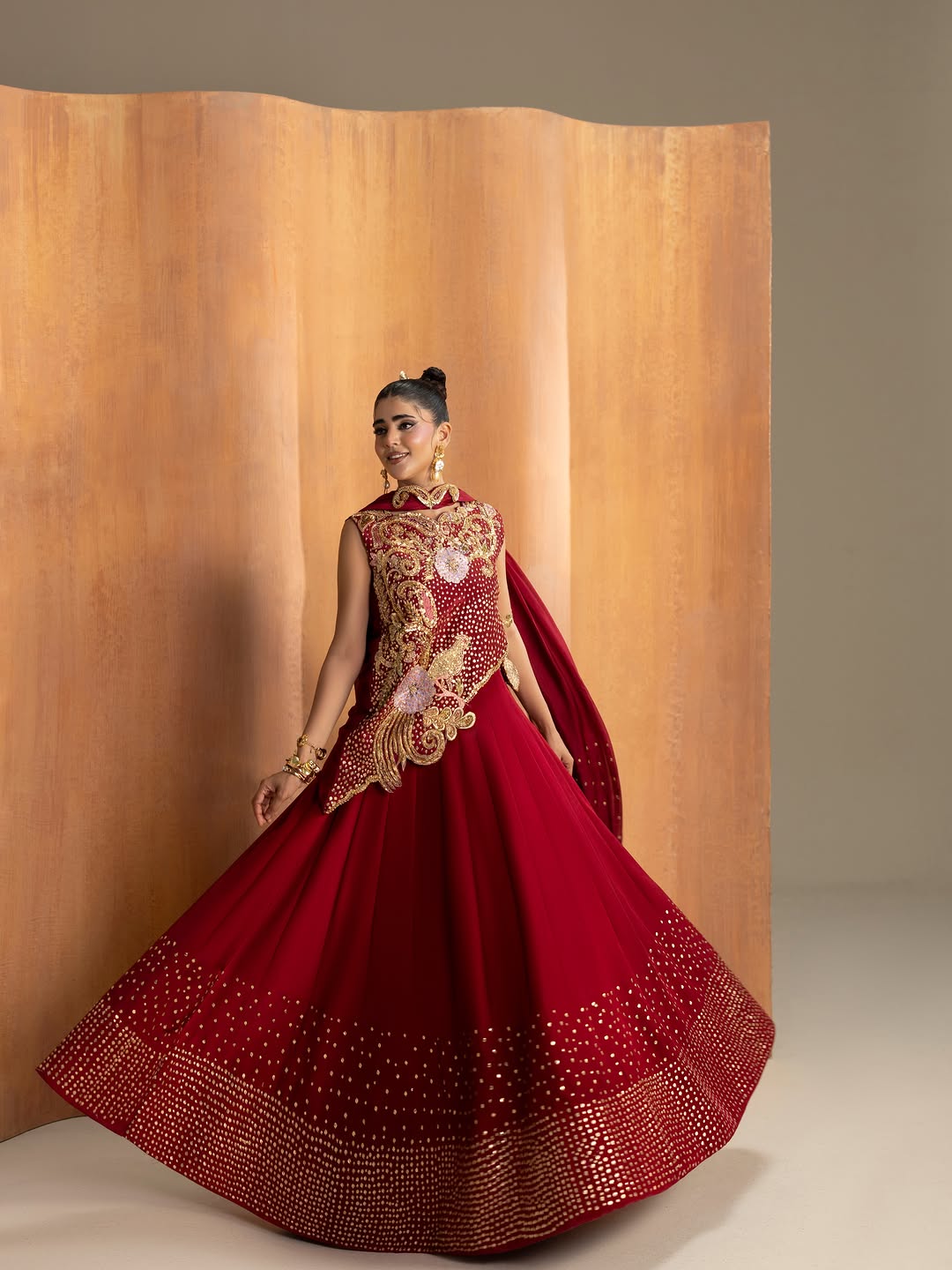 Asymmetric Hand-Embroidered Top with Sequined Maxi Skirt & Dupatta Set