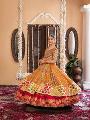 Gulnar Mehndi Lehenga – Mustard Orange Angrakha & Fuchsia Pink Bridal Lehenga Choli with Gota Work