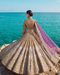Luxury Hand-Embellished Pastel and Gold Bridal Lehenga – Traditional Zardozi Wedding Dress