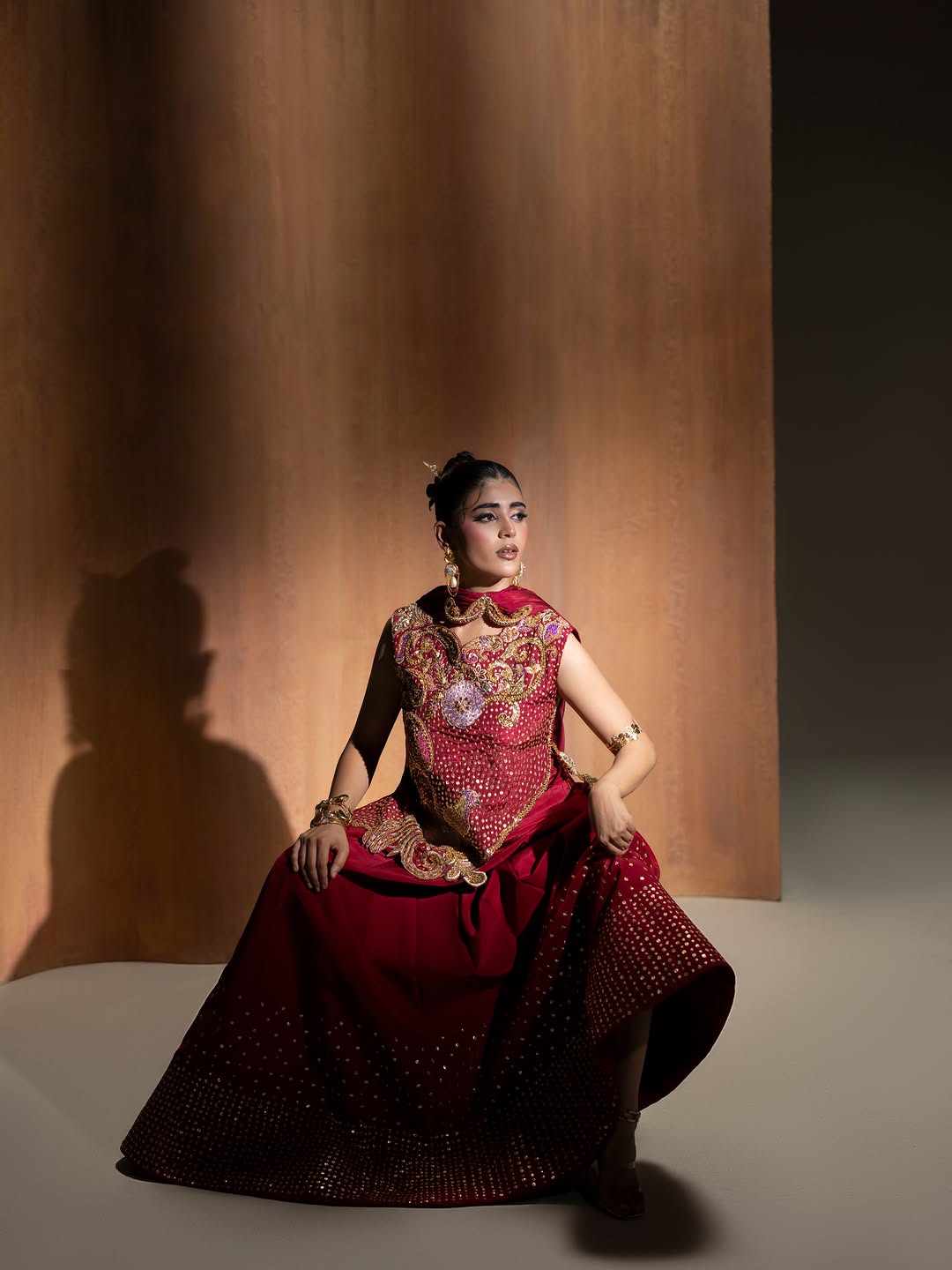 Asymmetric Hand-Embroidered Top with Sequined Maxi Skirt & Dupatta Set