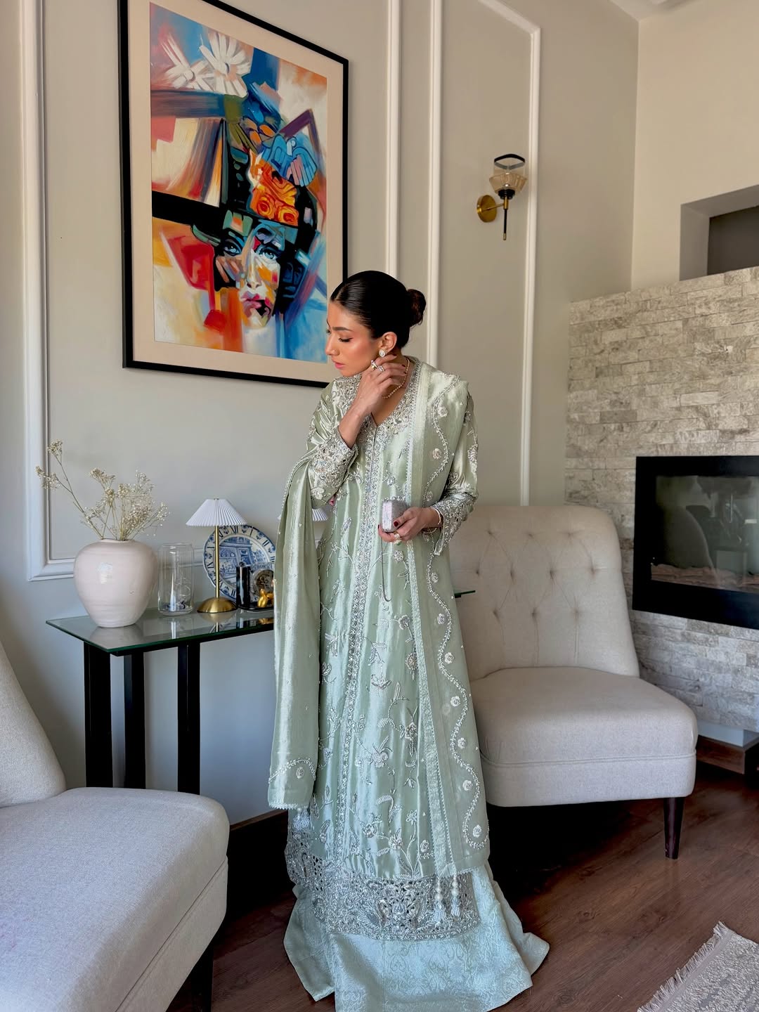 Aira – Mint Green Hand-Embroidered Tissue Formal Set