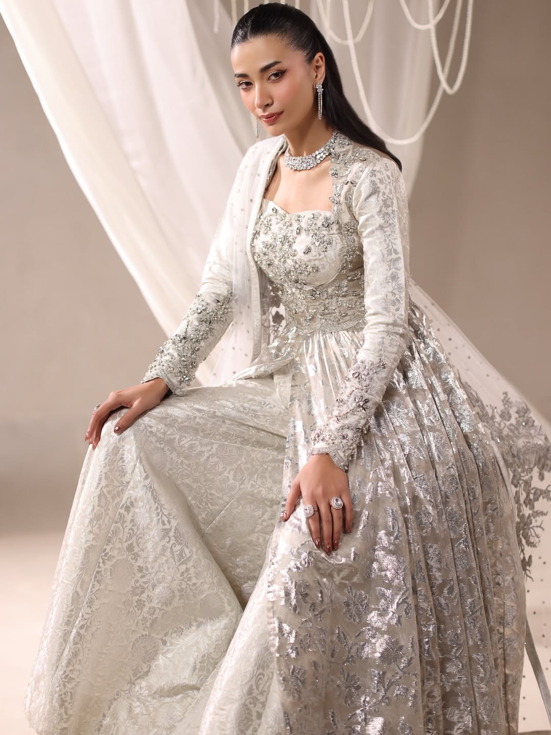 Silver Flora Peshwas & Lehenga Ensemble