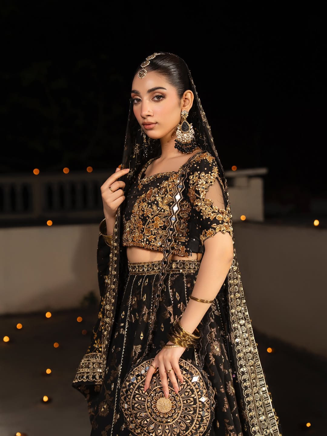 Midnight Nocturne – Hand-Embellished Black & Gold Raw Silk Lehenga Set