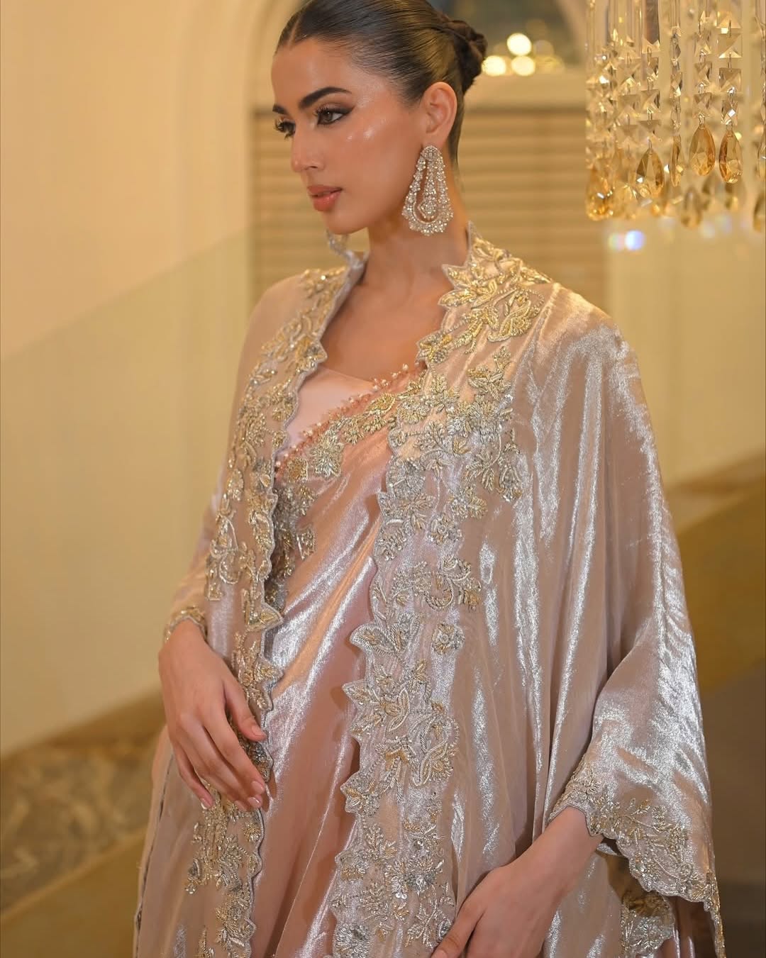 Champagne Tissue Silk Kaftan & Draped Saree Set – Embellished Two-Piece Evening Wear