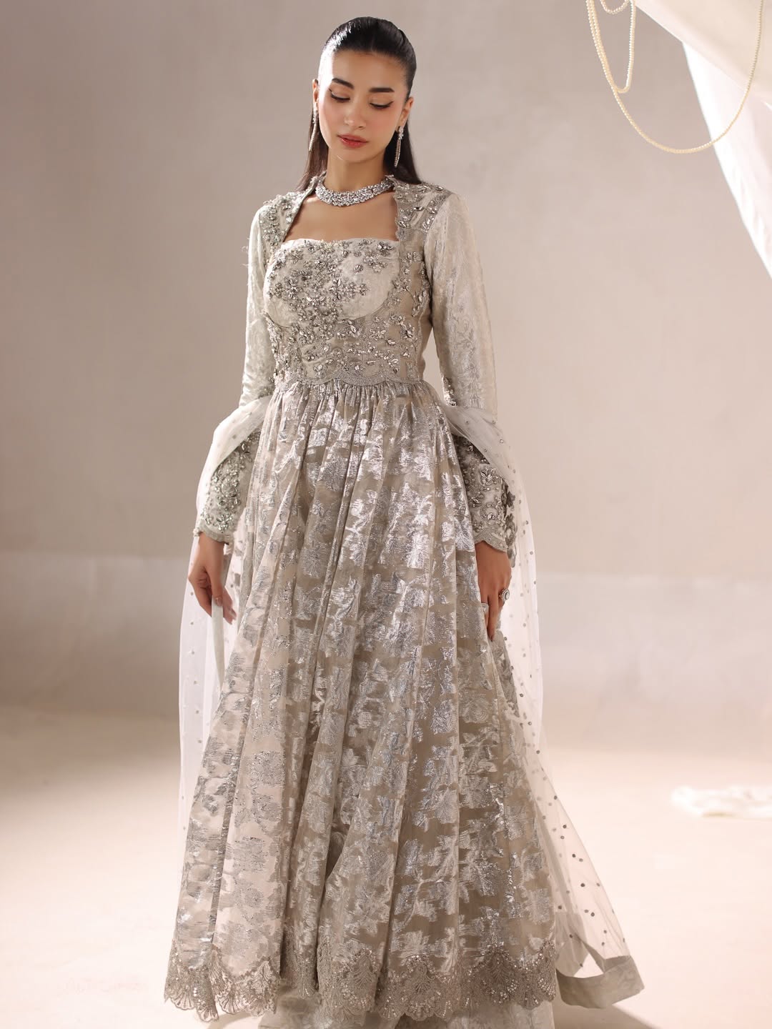 Silver Flora Peshwas & Lehenga Ensemble