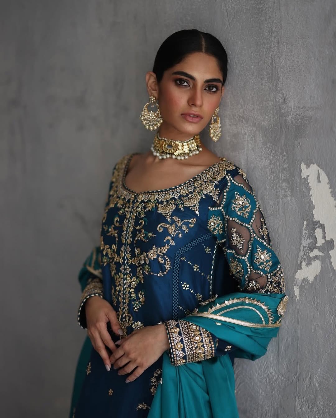 Royal Teal Hand-Embellished Raw Silk Pishwas with Cutwork Sleeves
