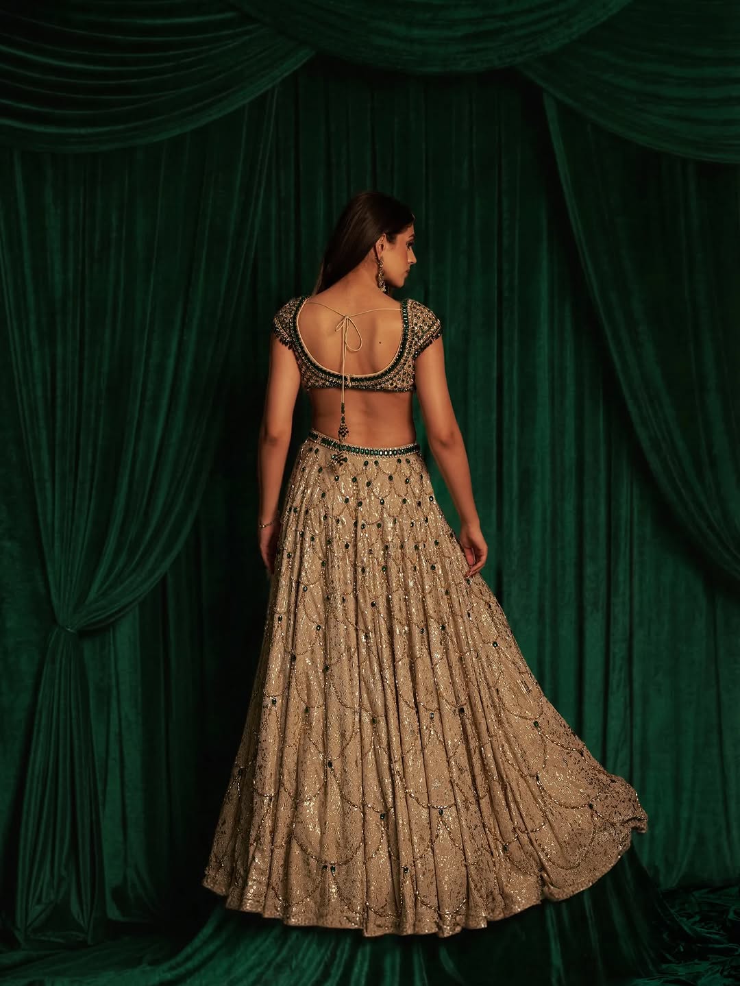 Champagne Gold and Emerald Green Bridal Lehenga – Hand-Embroidered Scallop Choli and Net Dupatta