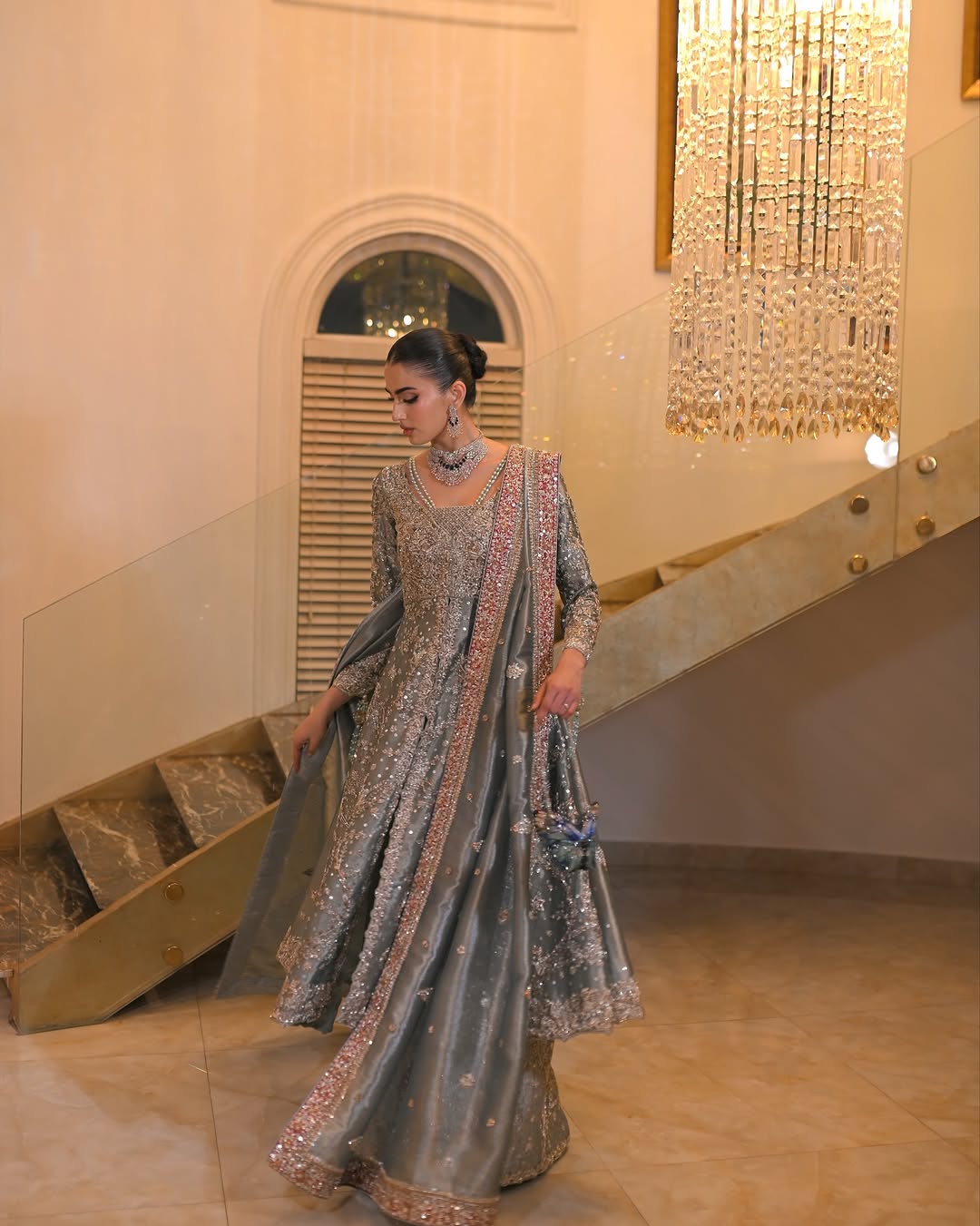 Silver Sage Zardozi Pishwas with Embellished Palazzo & Pink Dupatta