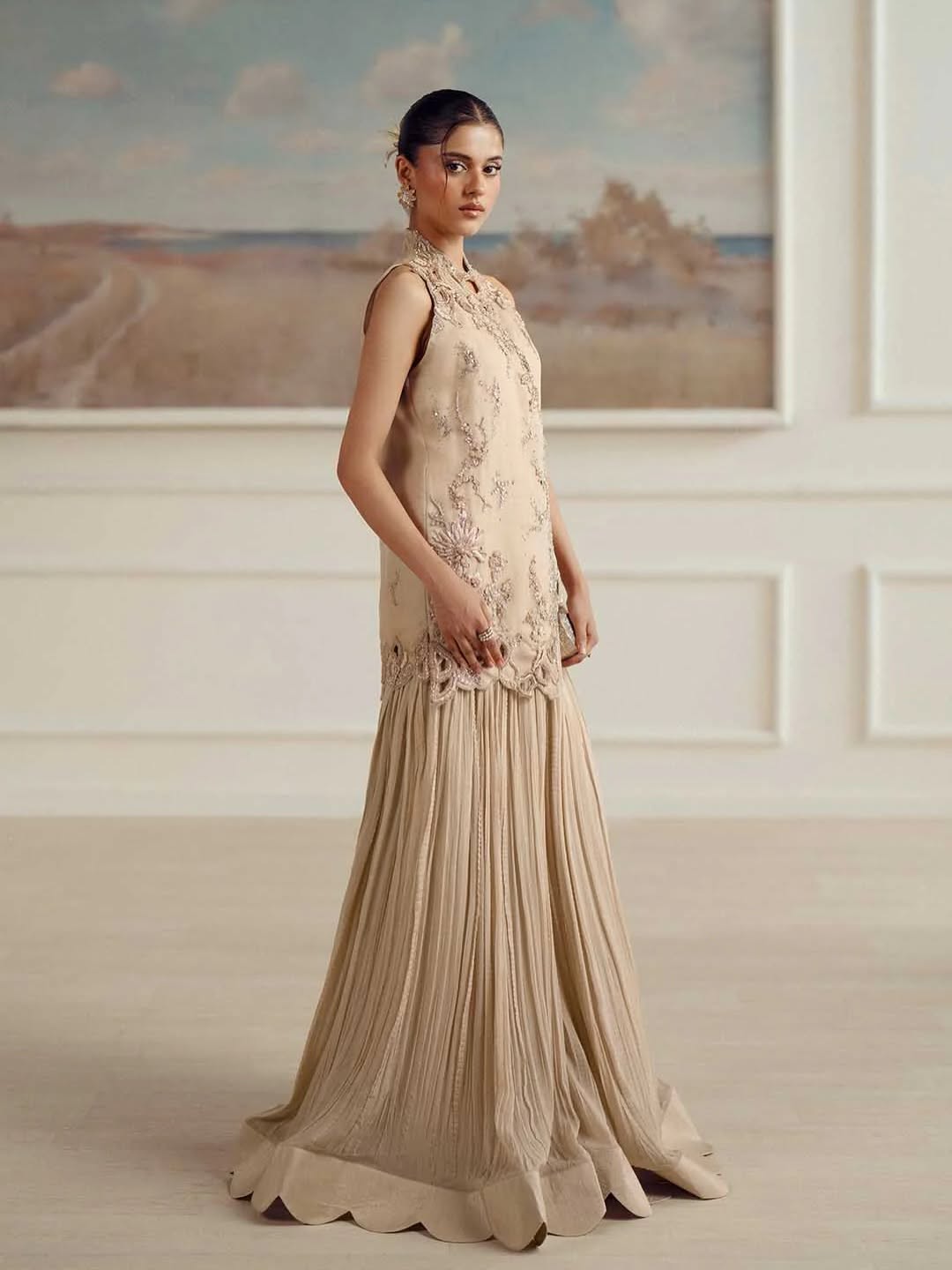 Pearl Dust – Embellished Halter Angrakha with Pleated Sharara