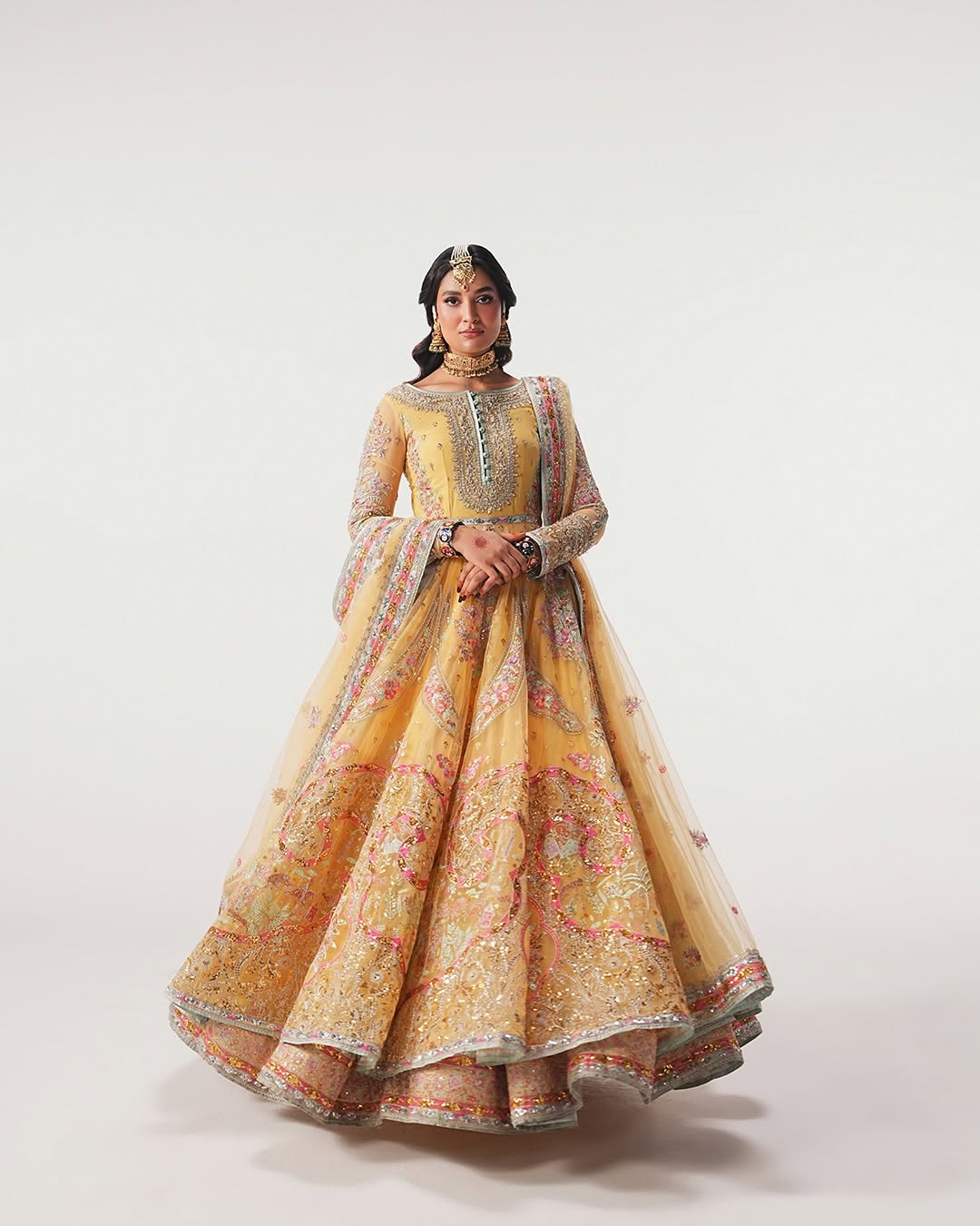 Hand-Embellished Yellow Net Bridal Pishwas & Lehenga Set