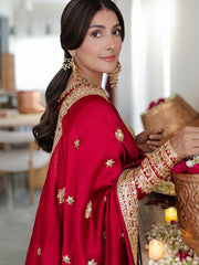 Gul-e-Lal Crimson Raw Silk Kurta Set with Intricate Zardozi & Mirror Work Cuffs