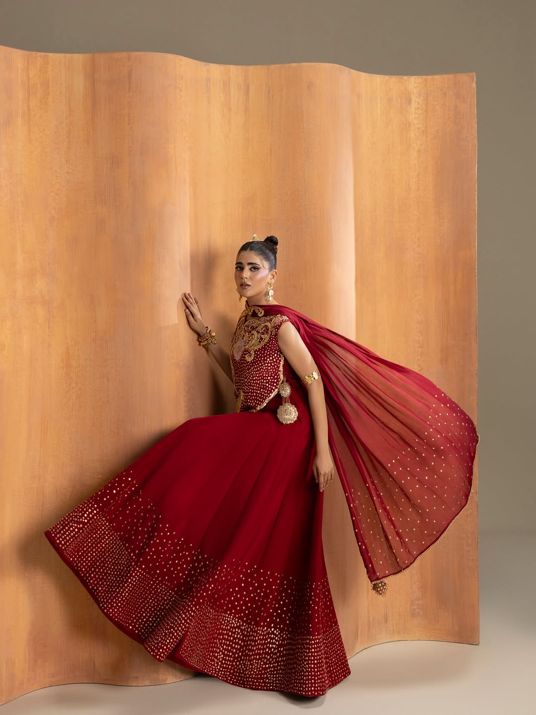 Asymmetric Hand-Embroidered Top with Sequined Maxi Skirt & Dupatta Set