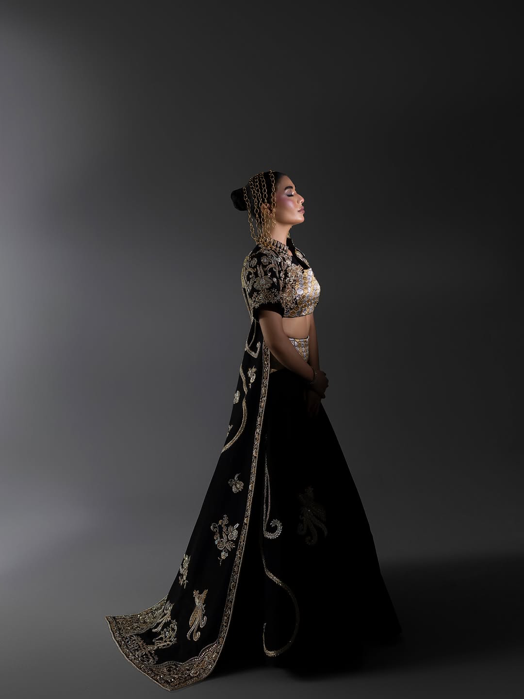 Midnight Black Hand-Embroidered Lehenga Set with Short Jacket