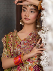 Gulnar Mehndi Lehenga – Mustard Orange Angrakha & Fuchsia Pink Bridal Lehenga Choli with Gota Work