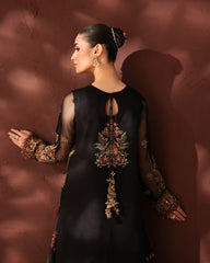 Midnight Black Embroidered Silk Kurta with Jamawar Lehenga & Organza Dupatta