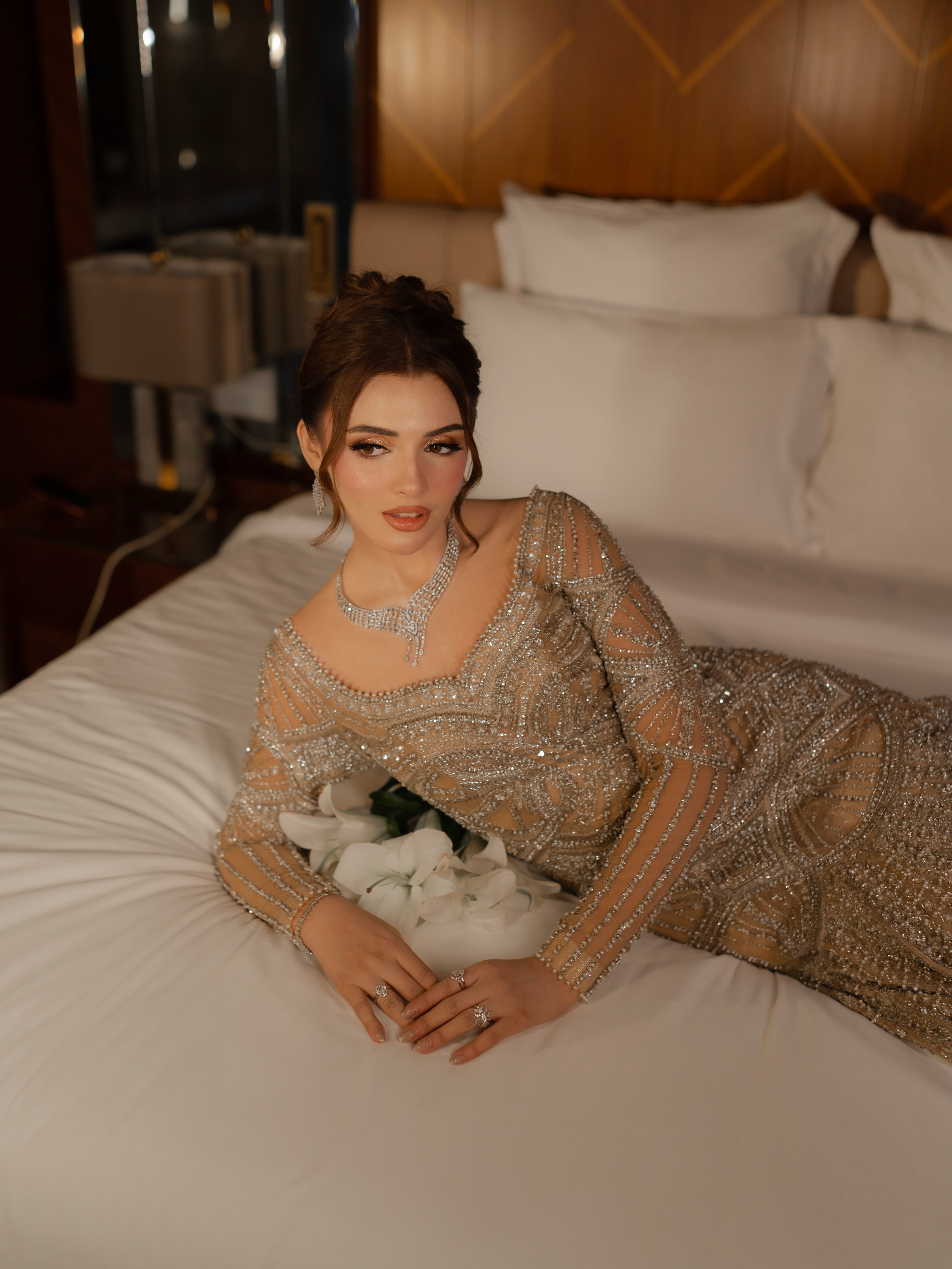 The Celestial Shimmer Gown & Sequin Veil Set – Champagne Gold