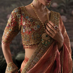 Crimson & Rust Zardozi Embroidered Tissue Saree Set