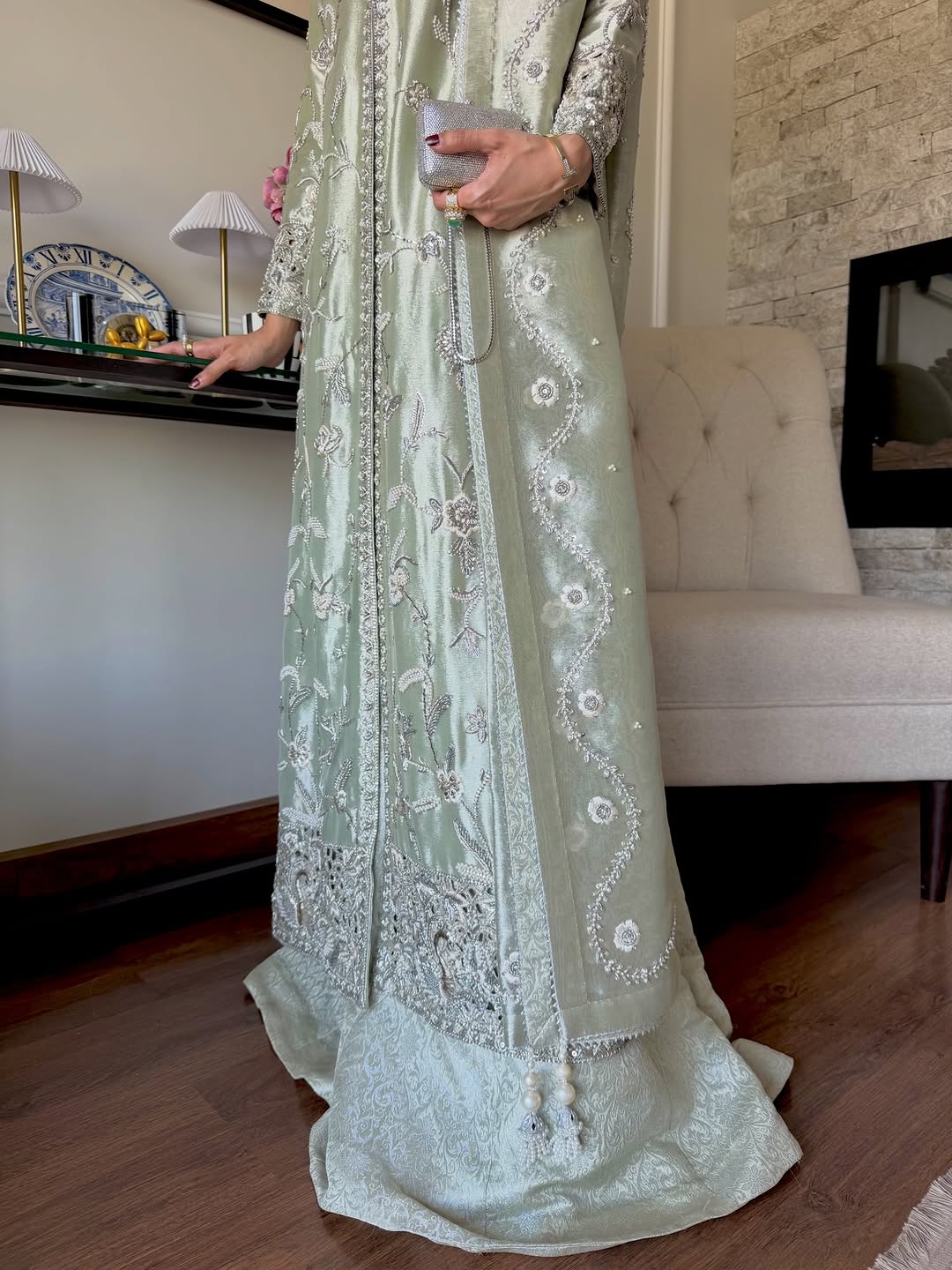 Aira – Mint Green Hand-Embroidered Tissue Formal Set