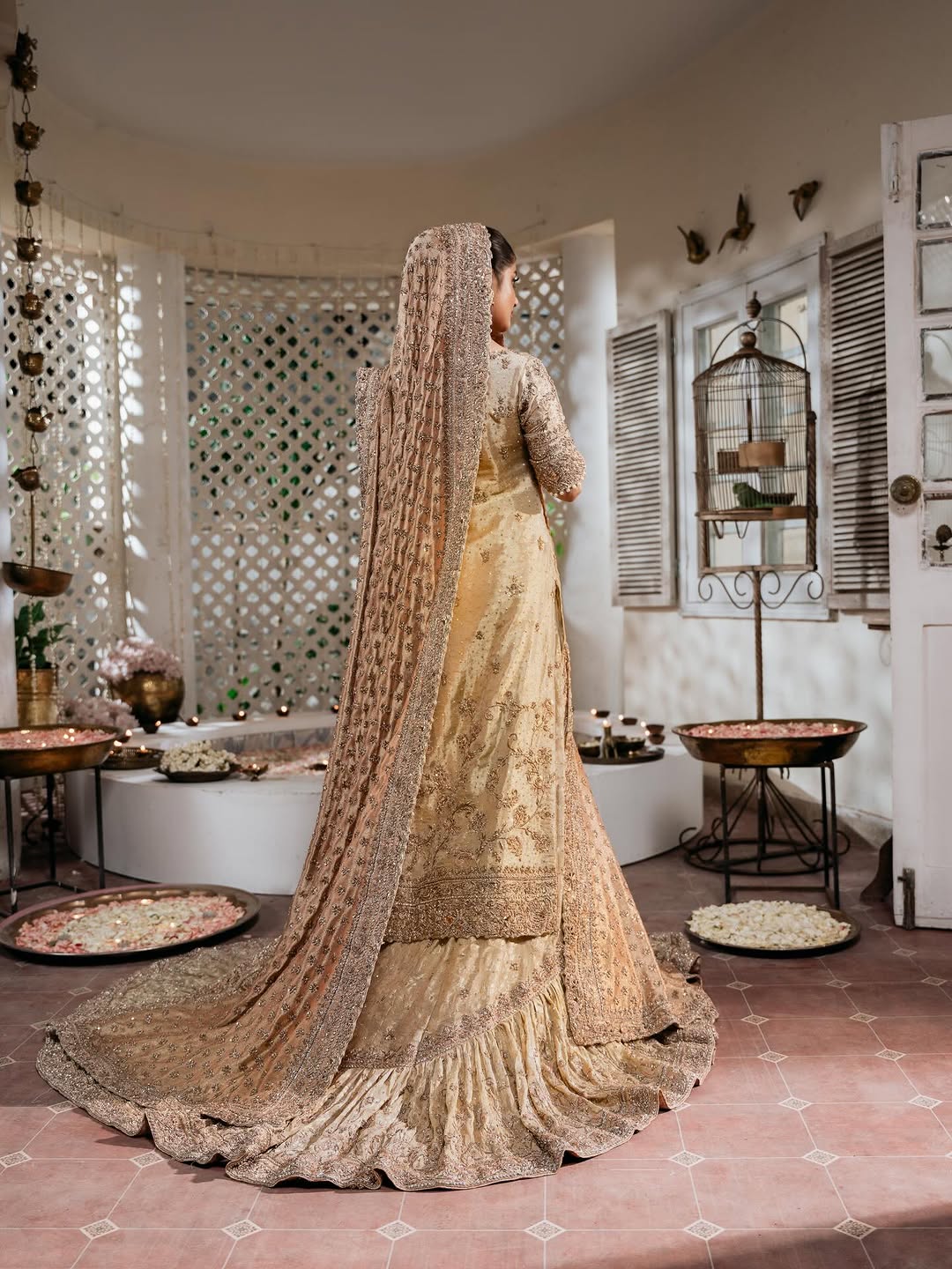 Golden Heavily Embroidered Bridal Lehenga Choli with Dupatta