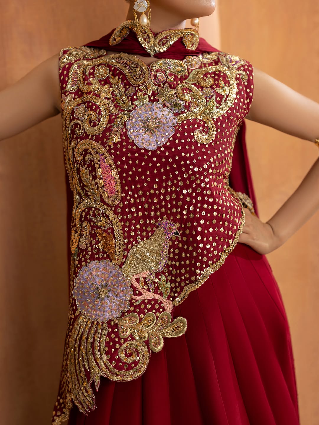 Asymmetric Hand-Embroidered Top with Sequined Maxi Skirt & Dupatta Set