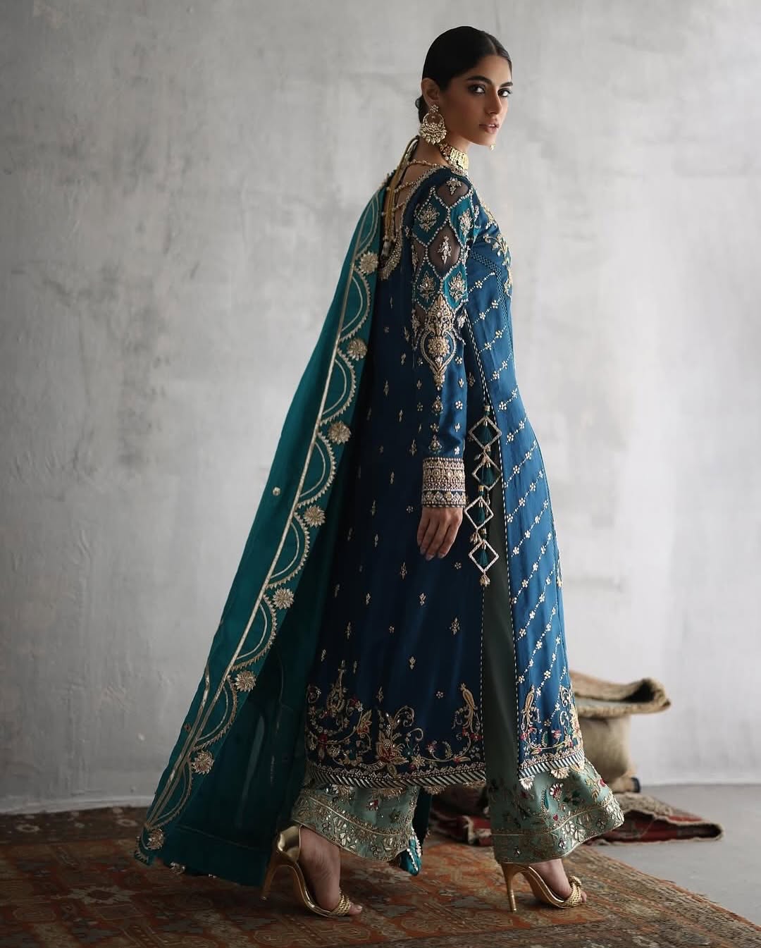 Royal Teal Hand-Embellished Raw Silk Pishwas with Cutwork Sleeves