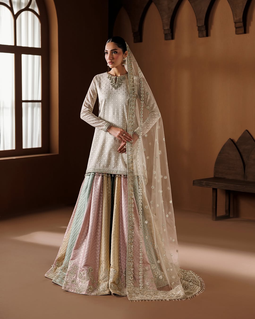 Ivory Zari Banarsi Kurta with Pastel Multi-Panel Kalidar Lehenga & Net Dupatta (3-Piece Luxury Festive Set)