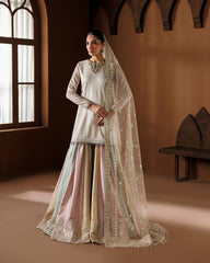Ivory Zari Banarsi Kurta with Pastel Multi-Panel Kalidar Lehenga & Net Dupatta (3-Piece Luxury Festive Set)
