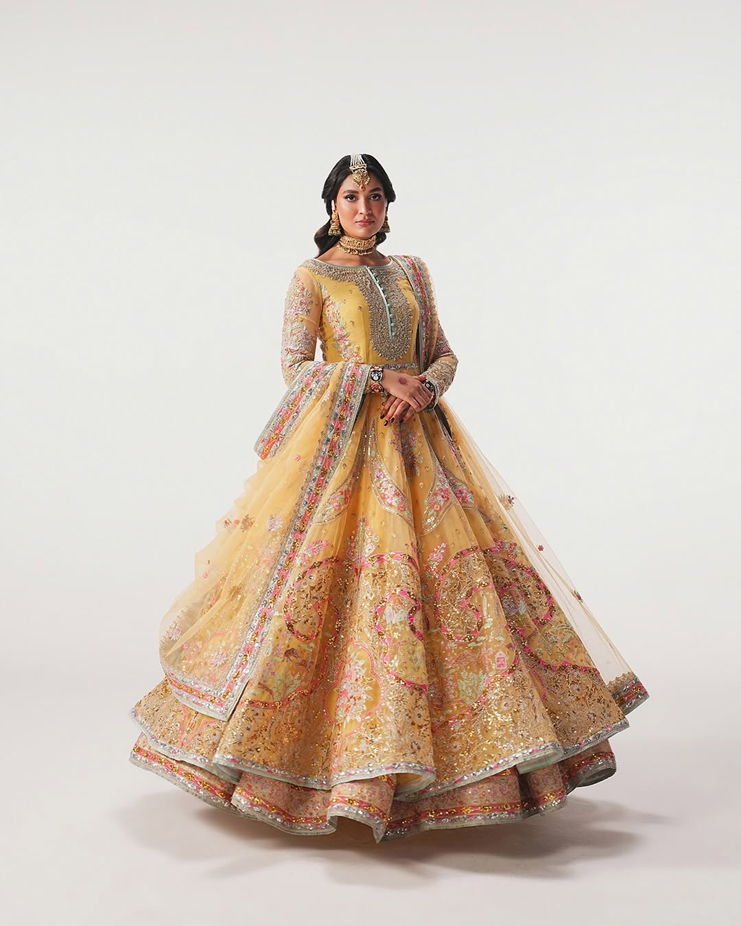 Hand-Embellished Yellow Net Bridal Pishwas & Lehenga Set