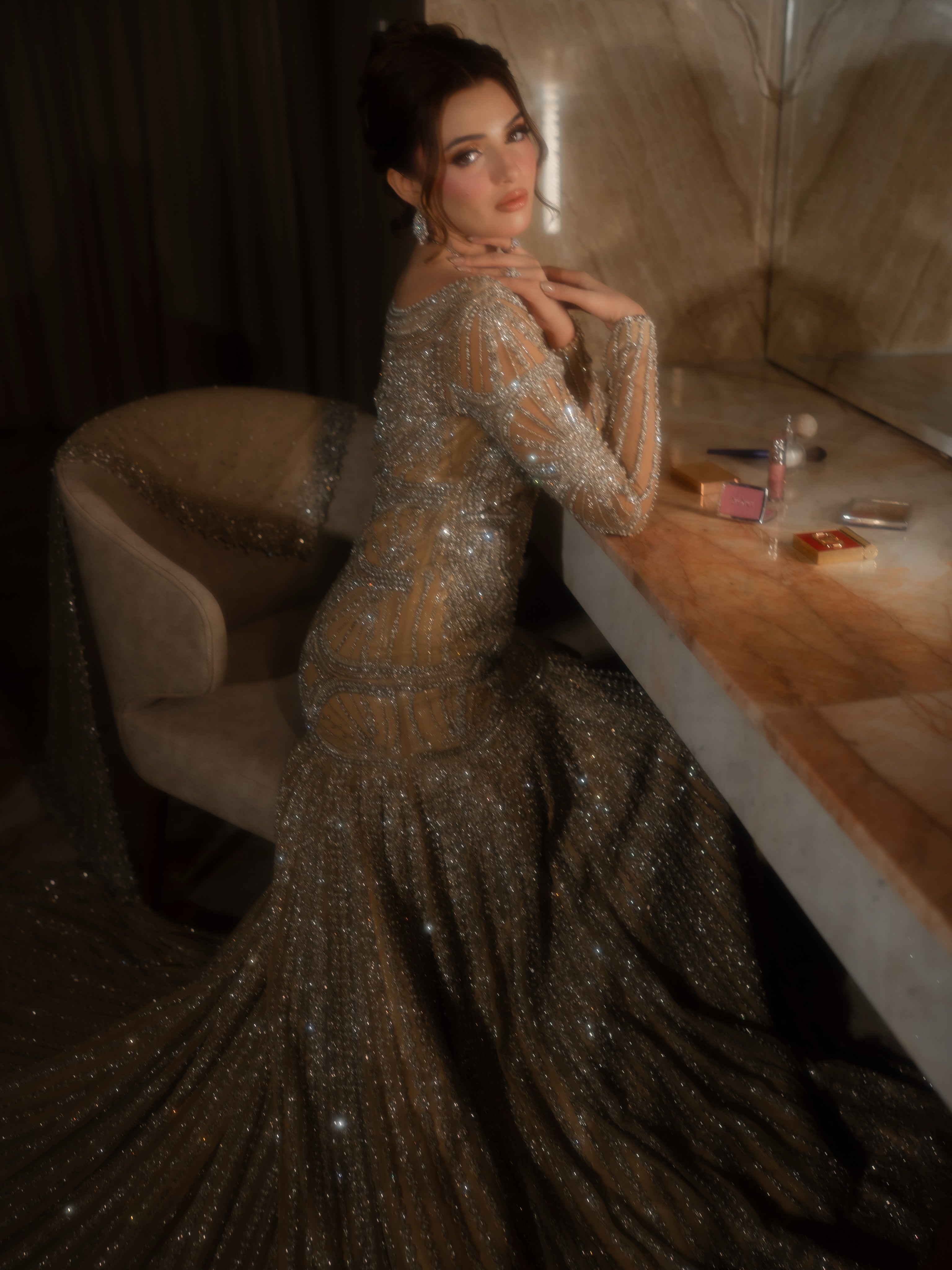 The Celestial Shimmer Gown & Sequin Veil Set – Champagne Gold