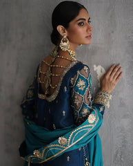Royal Teal Hand-Embellished Raw Silk Pishwas with Cutwork Sleeves