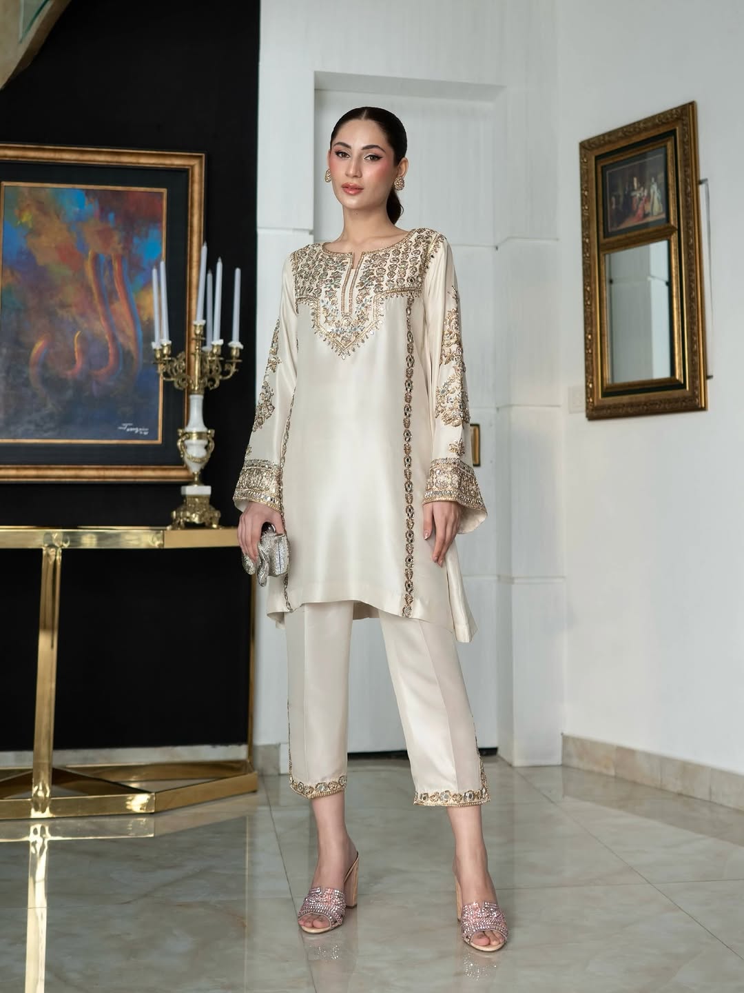Moonlit Ivory: Hand-Embellished Mirrorwork Silk Tunic"