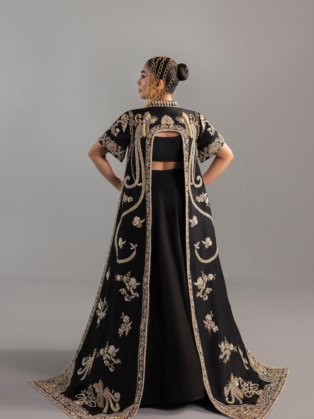 Midnight Black Hand-Embroidered Lehenga Set with Short Jacket