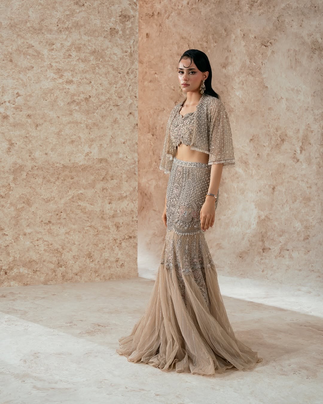 Hand-Embellished Nude Beige Mermaid Lehenga & Crop Top Set with Cape