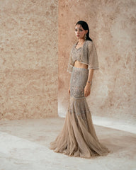 Hand-Embellished Nude Beige Mermaid Lehenga & Crop Top Set with Cape