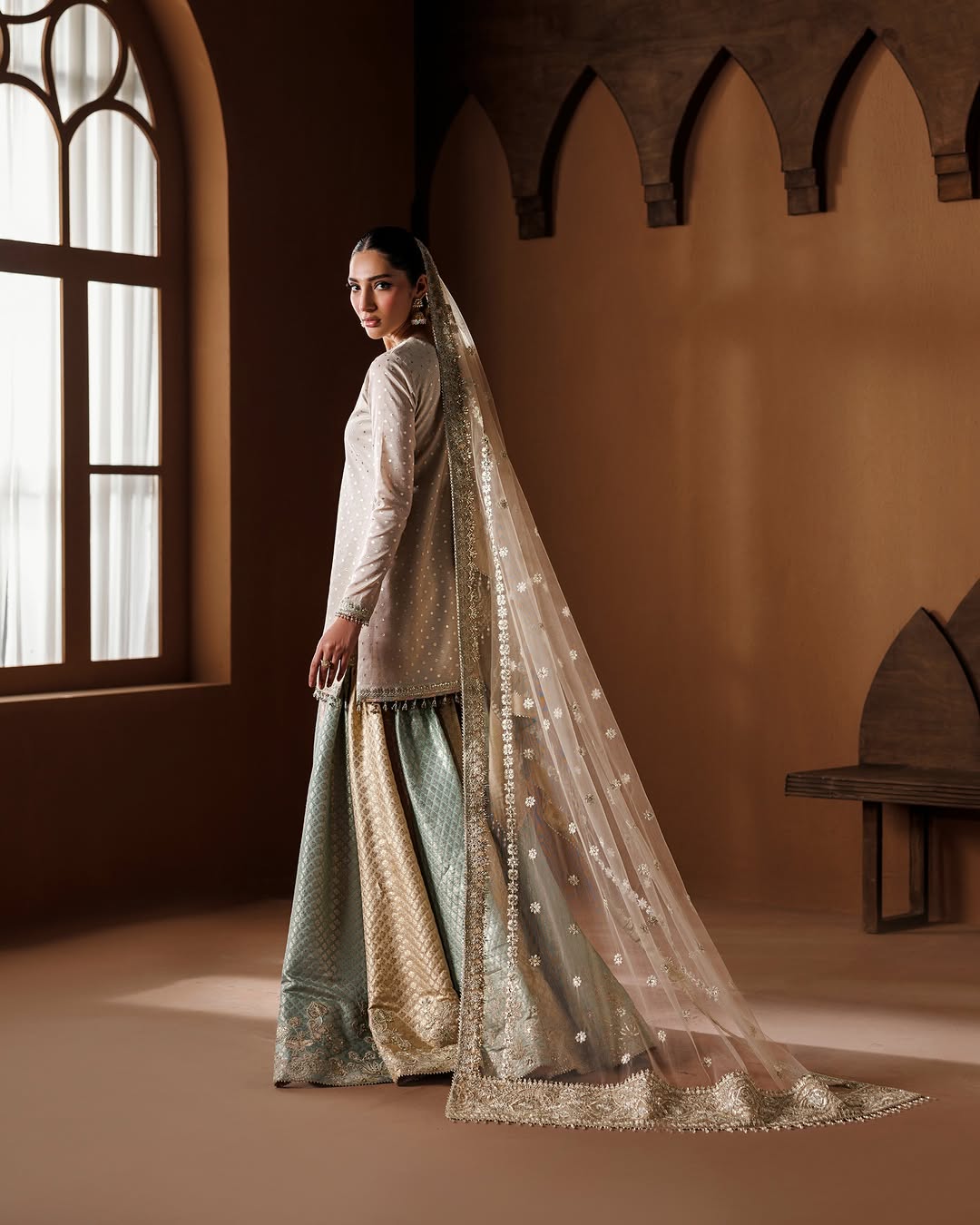 Ivory Zari Banarsi Kurta with Pastel Multi-Panel Kalidar Lehenga & Net Dupatta (3-Piece Luxury Festive Set)