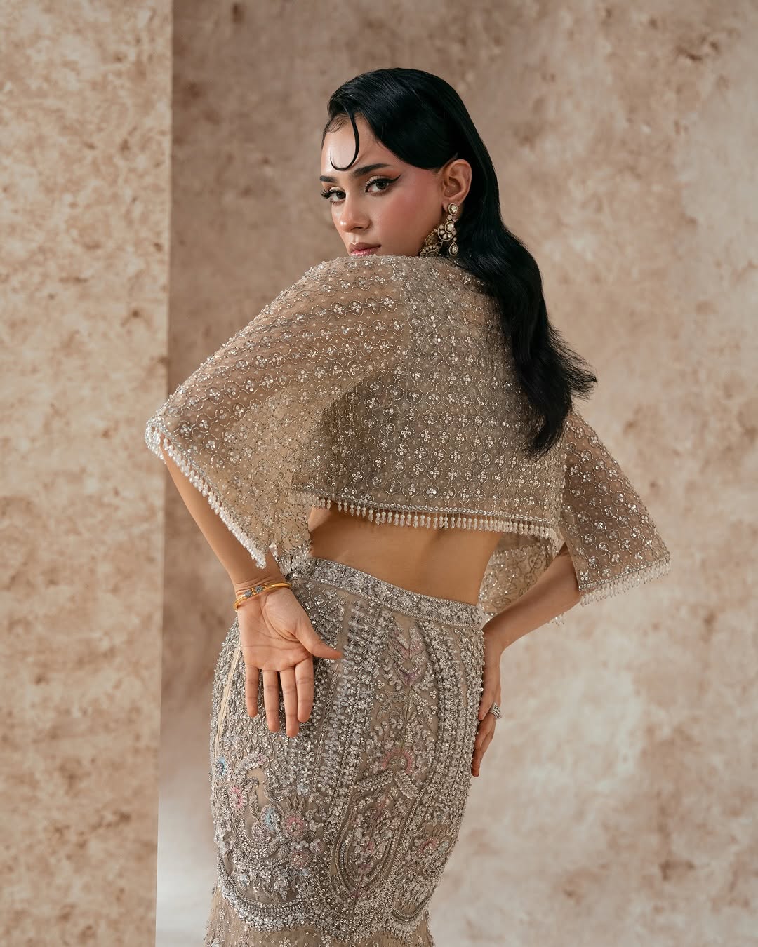 Hand-Embellished Nude Beige Mermaid Lehenga & Crop Top Set with Cape