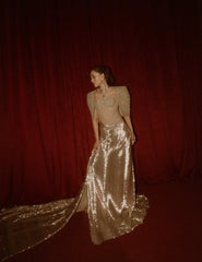 Metallic Gold Sequin Corset Gown with Cape Shrug