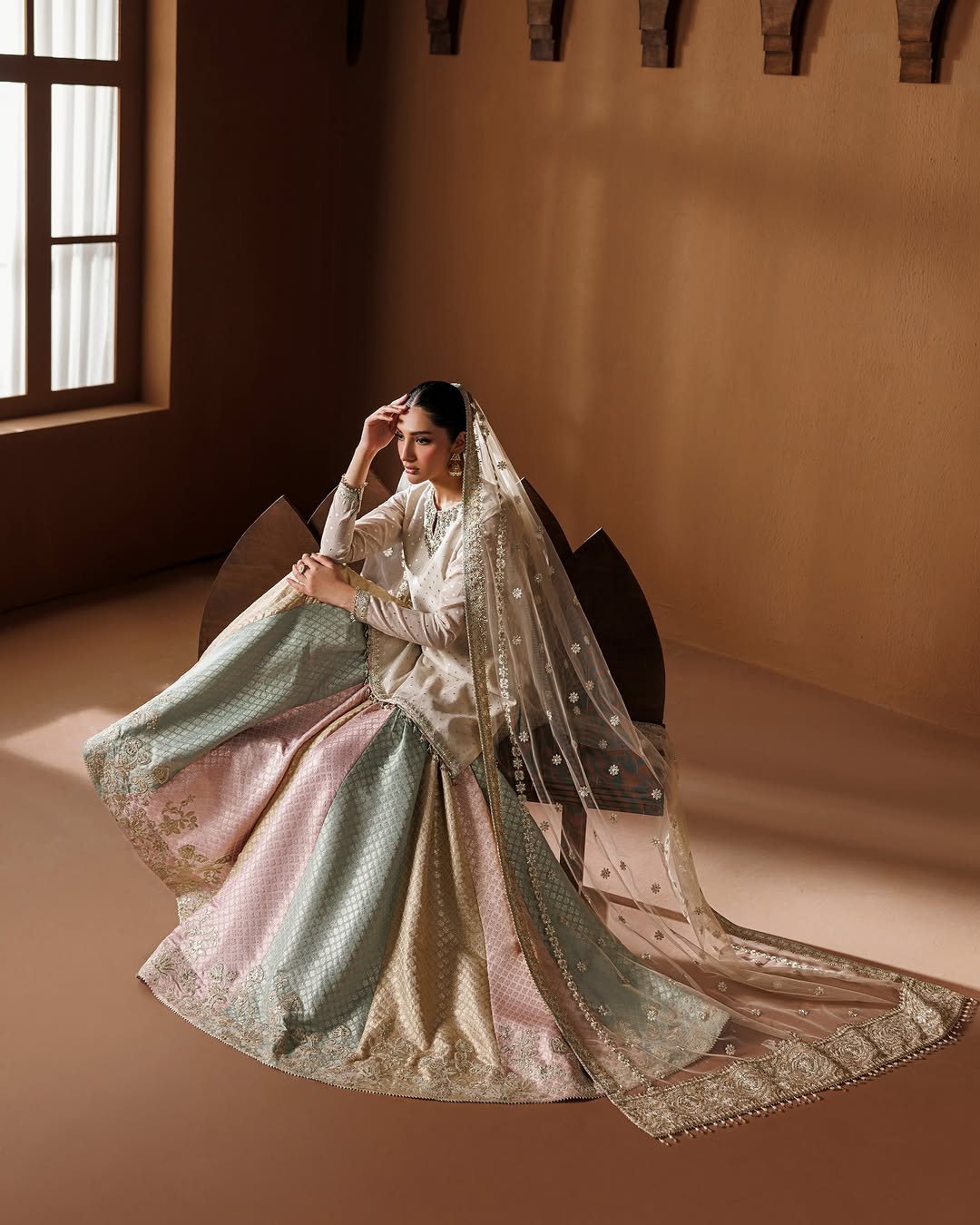 Ivory Zari Banarsi Kurta with Pastel Multi-Panel Kalidar Lehenga & Net Dupatta (3-Piece Luxury Festive Set)