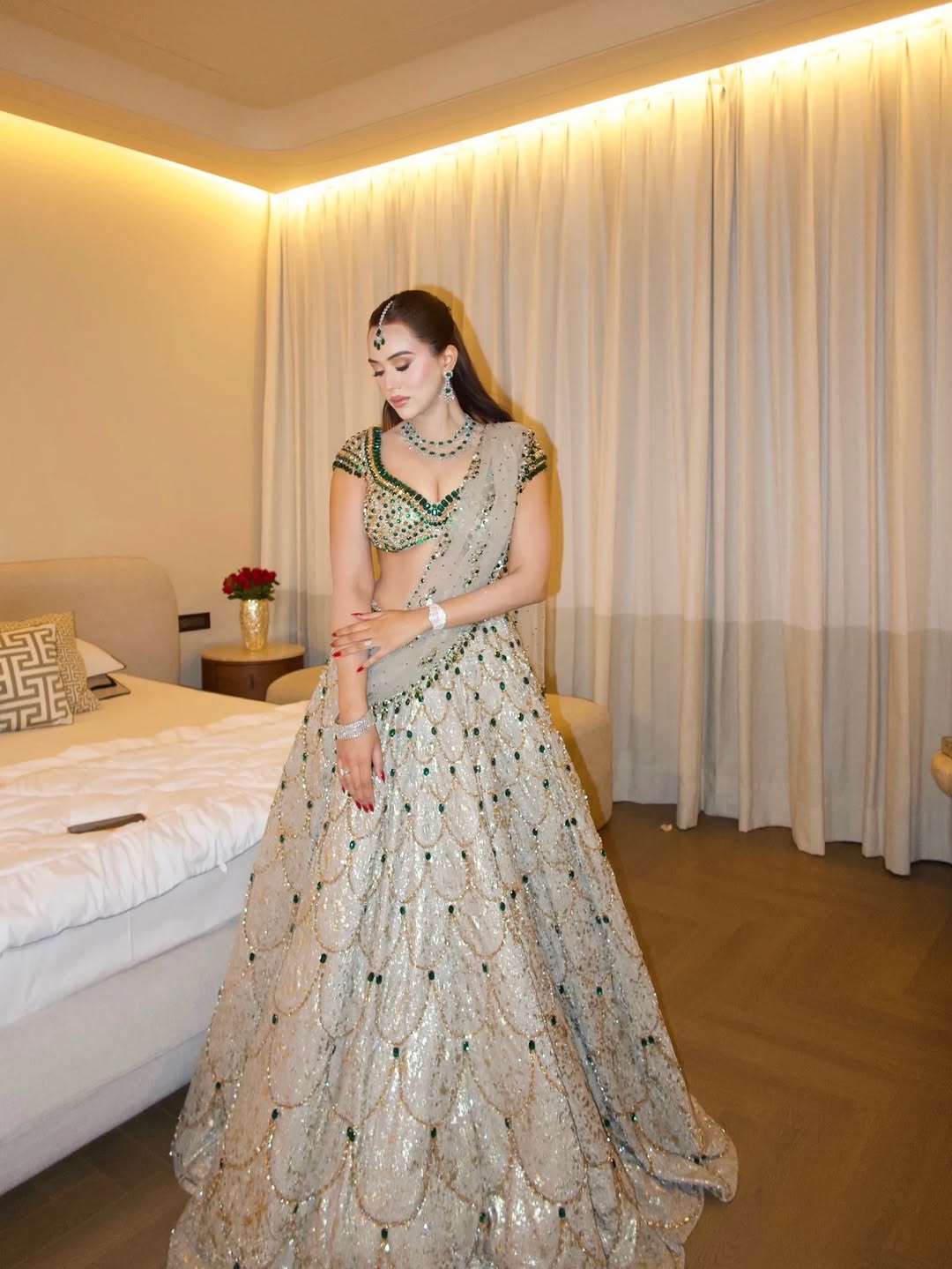 Champagne Gold and Emerald Green Bridal Lehenga – Hand-Embroidered Scallop Choli and Net Dupatta