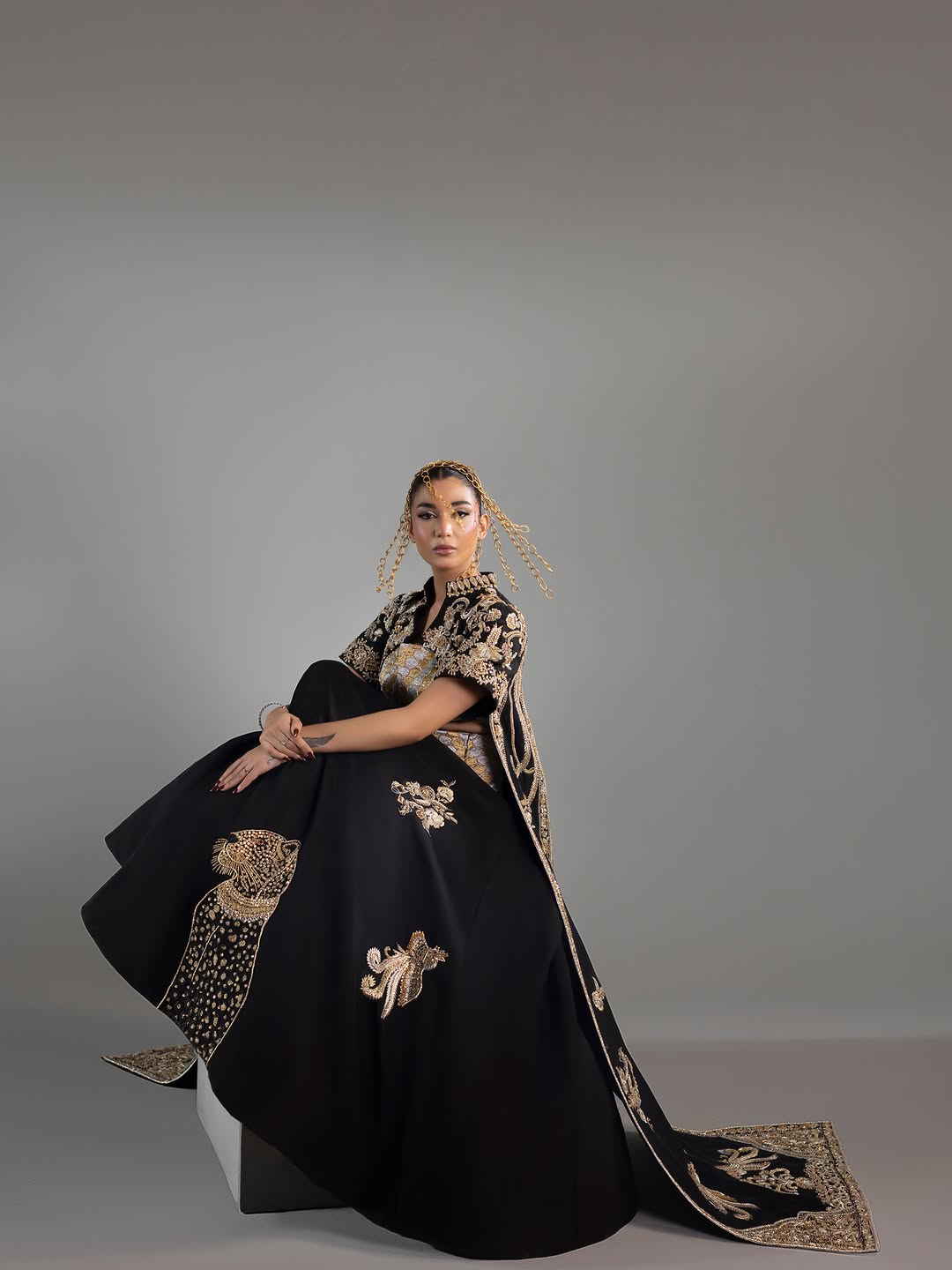 Midnight Black Hand-Embroidered Lehenga Set with Short Jacket