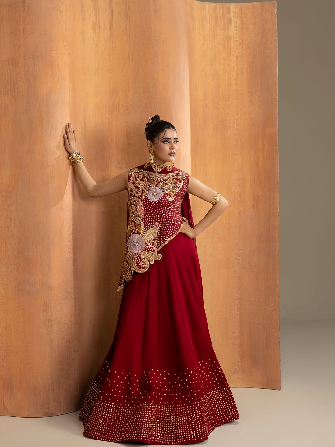 Asymmetric Hand-Embroidered Top with Sequined Maxi Skirt & Dupatta Set