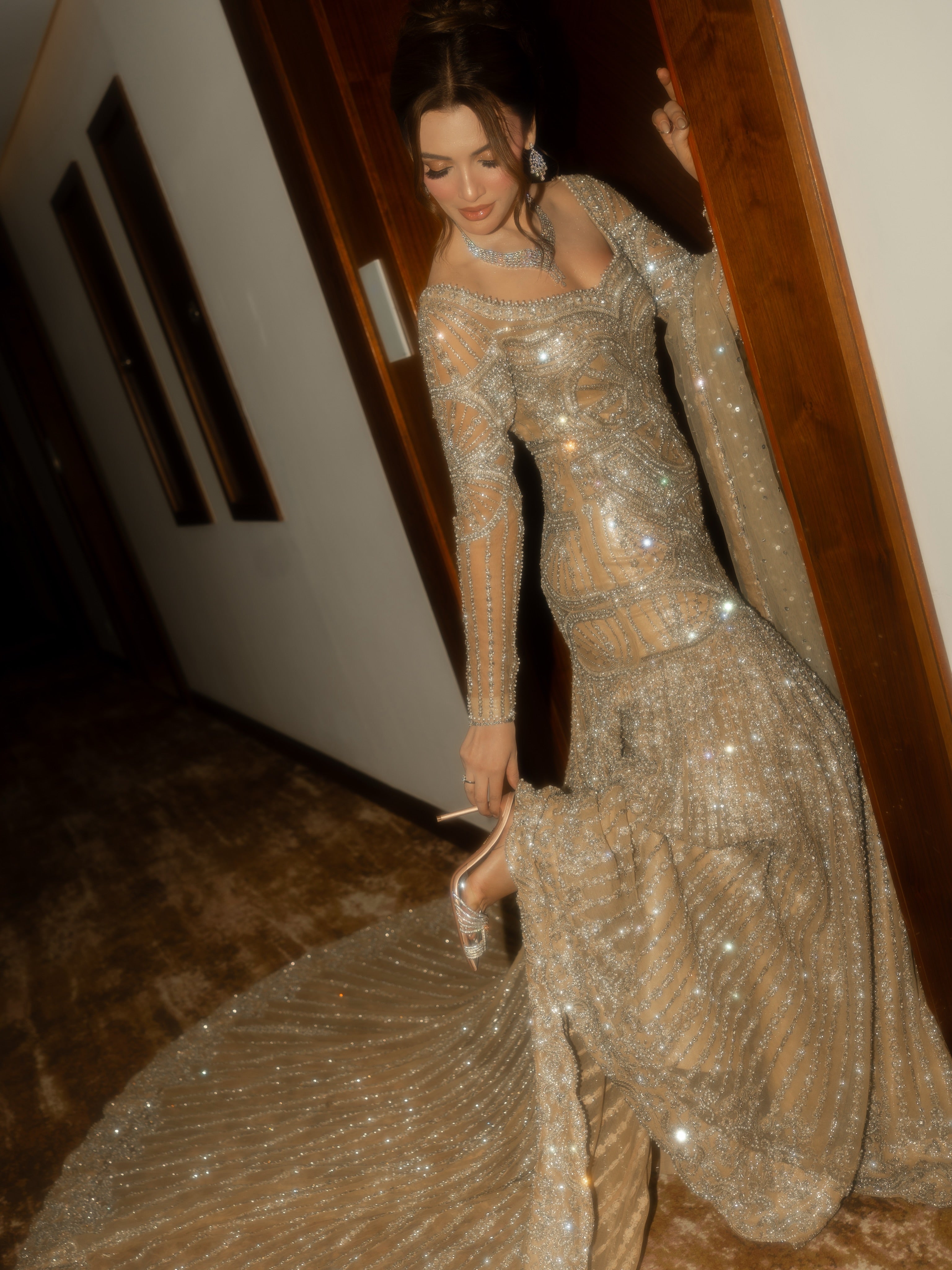 The Celestial Shimmer Gown & Sequin Veil Set – Champagne Gold