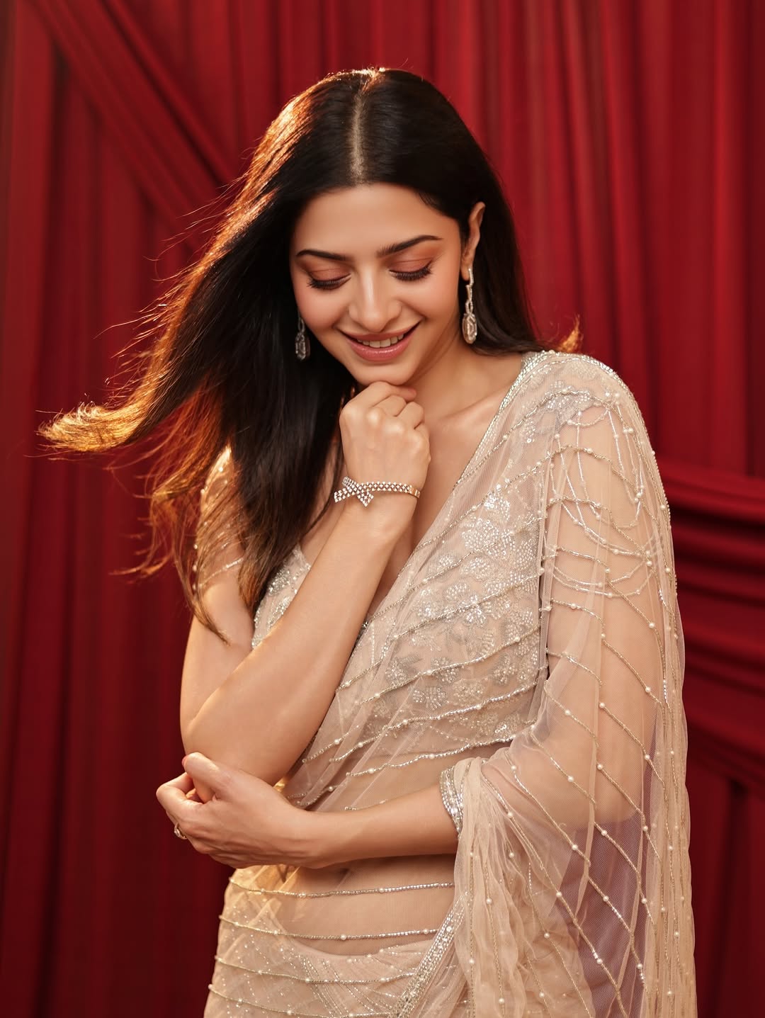 Champagne Nude Embellished Concept Saree Set with Pearl & Sequin Work