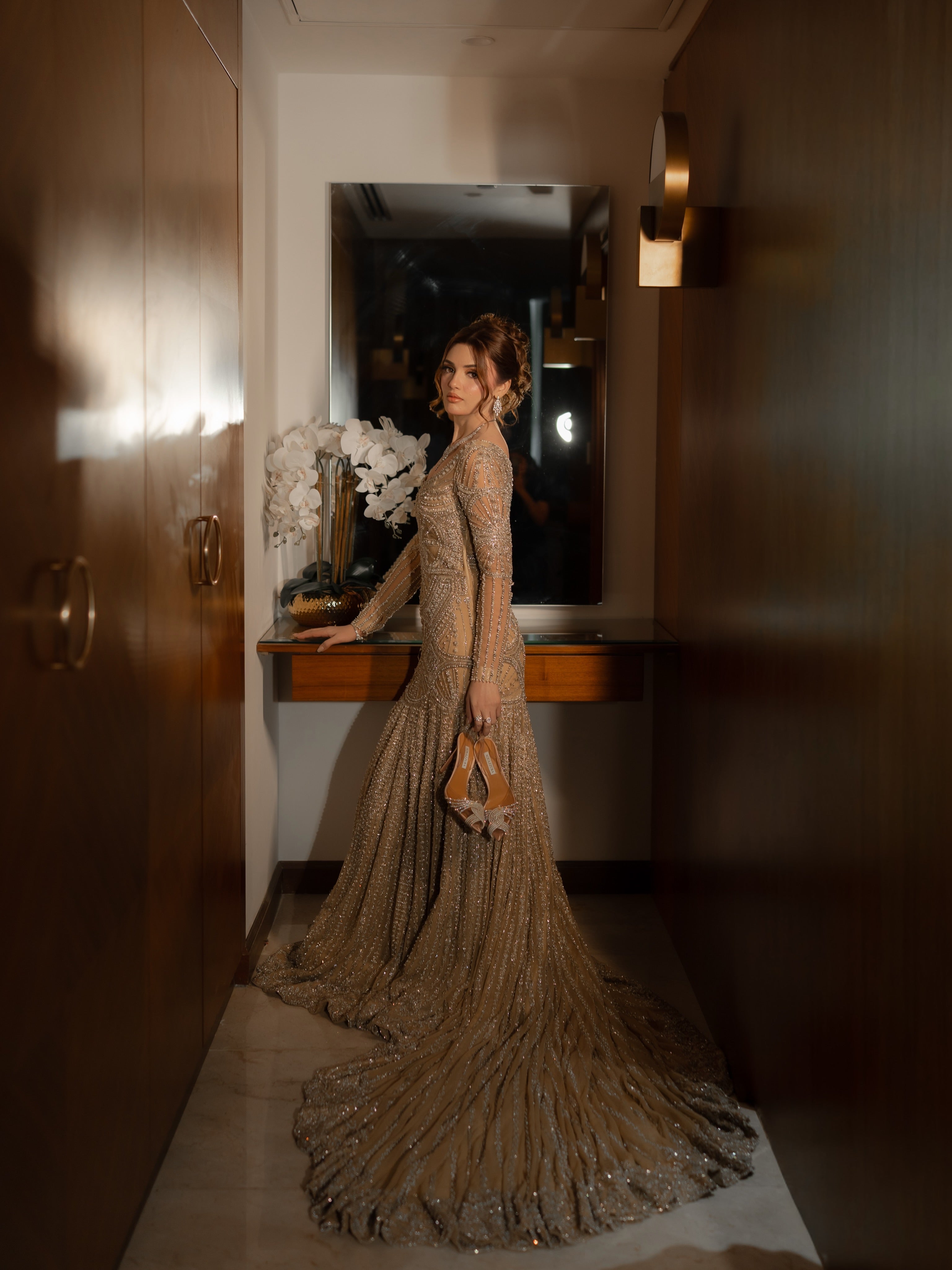 The Celestial Shimmer Gown & Sequin Veil Set – Champagne Gold