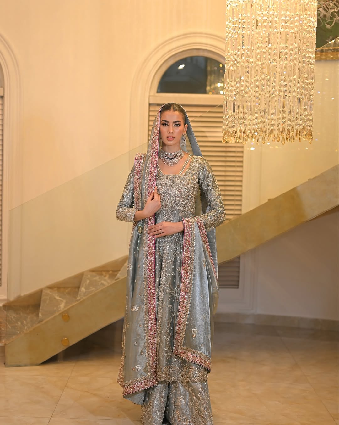 Silver Sage Zardozi Pishwas with Embellished Palazzo & Pink Dupatta