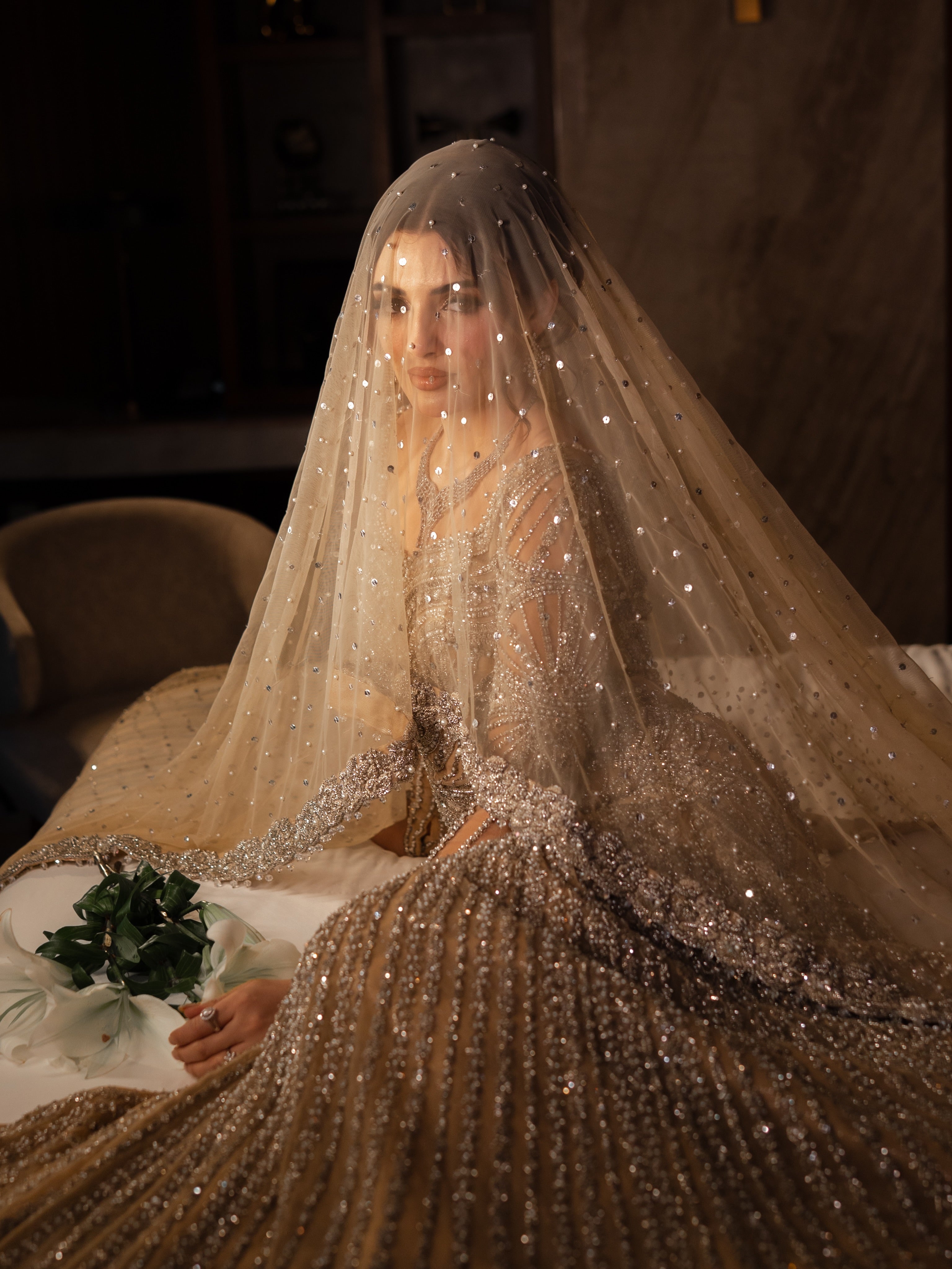 The Celestial Shimmer Gown & Sequin Veil Set – Champagne Gold